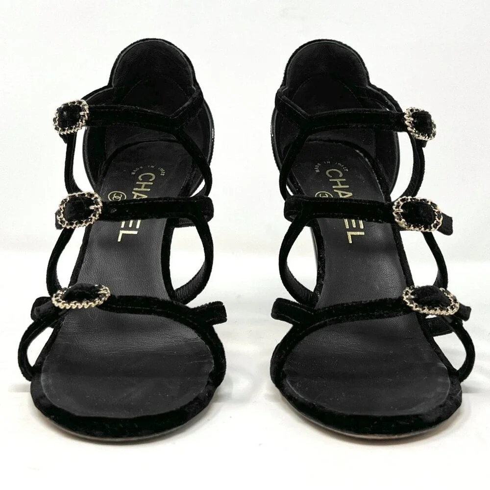 Chanel Black Velvet Patent Leather Strappy Heels CC Logo 37